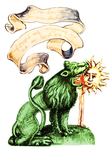 Grabado alquímico del león verde devorando al sol, Rosarium philosophorum (1550)
