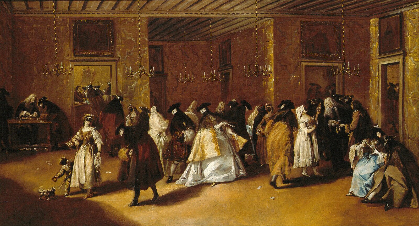 Pintura de Francesco Guardi mostrando máscaras venecianas de carnaval (bauta y moretta)