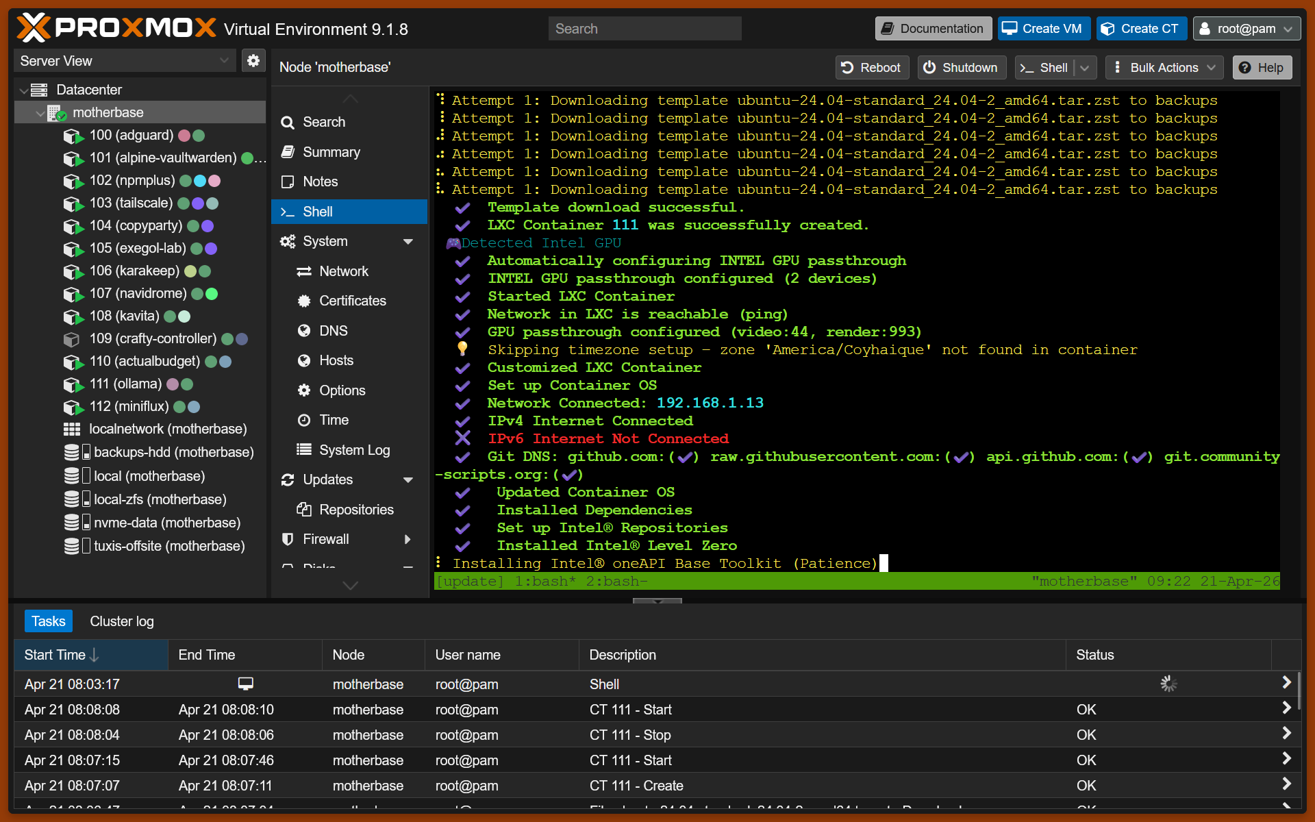 Proxmox creando LXC 111 con Intel OpenAPI Base Toolkit