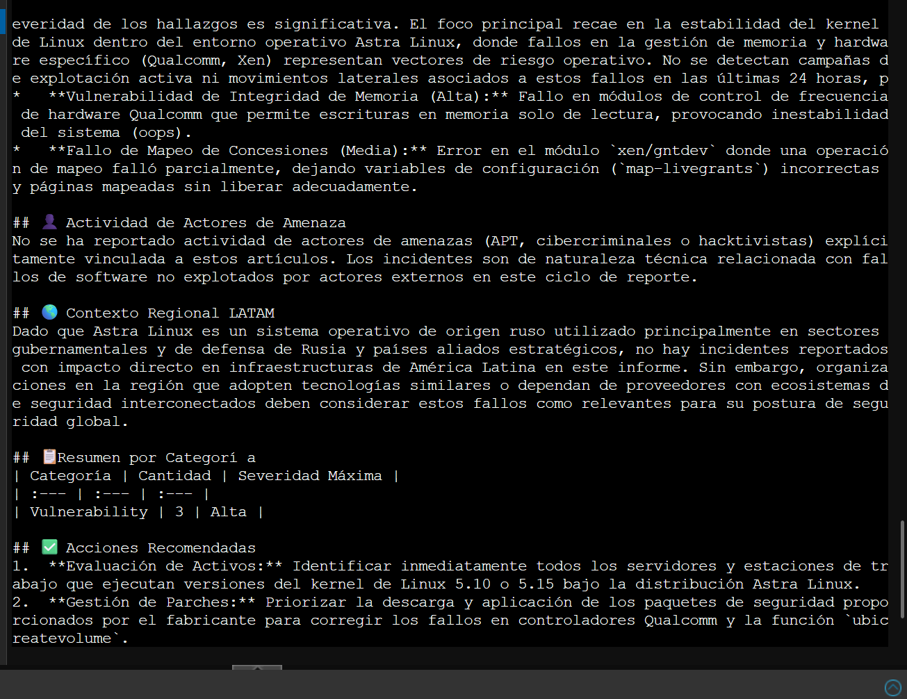 Informe Day 2 en terminal — secciones estructuradas