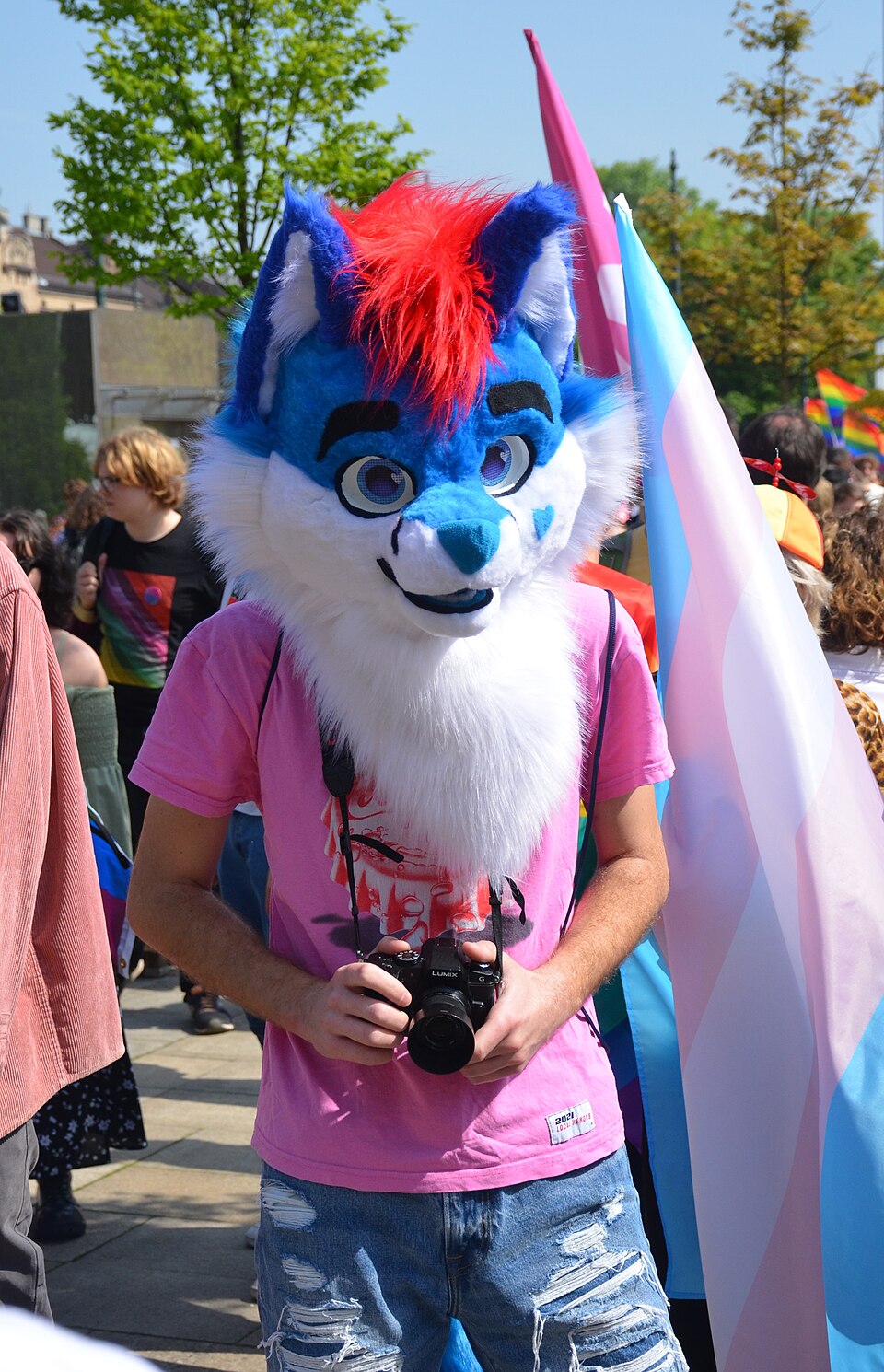 Persona con cabeza de fursuit de zorro azul y rojo, remera rosa, sosteniendo una cámara, en una marcha por la igualdad con una bandera del orgullo trans de fondo
