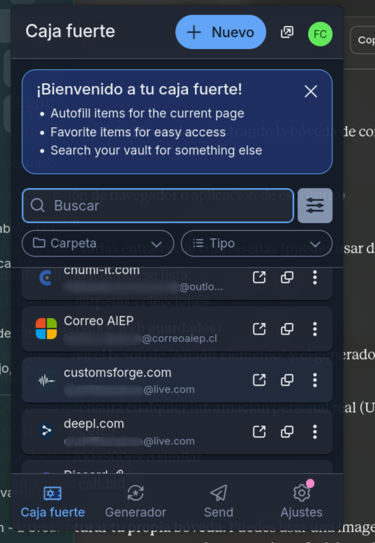 Interfaz de Bitwarden mostrando la bóveda de contraseñas